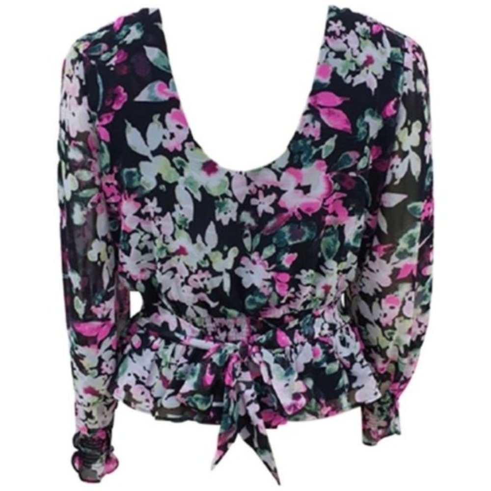 NWT Bar III Floral Smocked Long Sleeve Ruffle Blouse XS